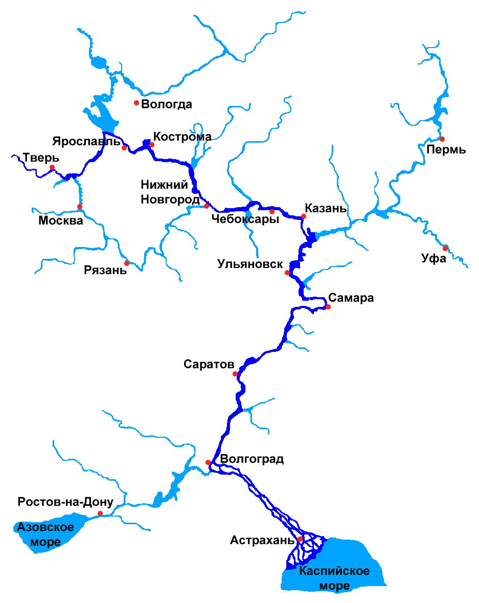 Карта реки Волга с городами